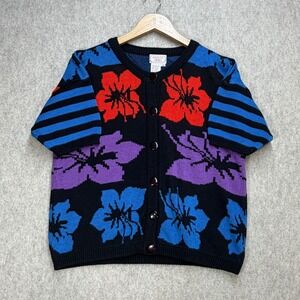 Pronto Moda Vintage Womens M Black Floral Retro Short Sleeve Whimsical Cardigan